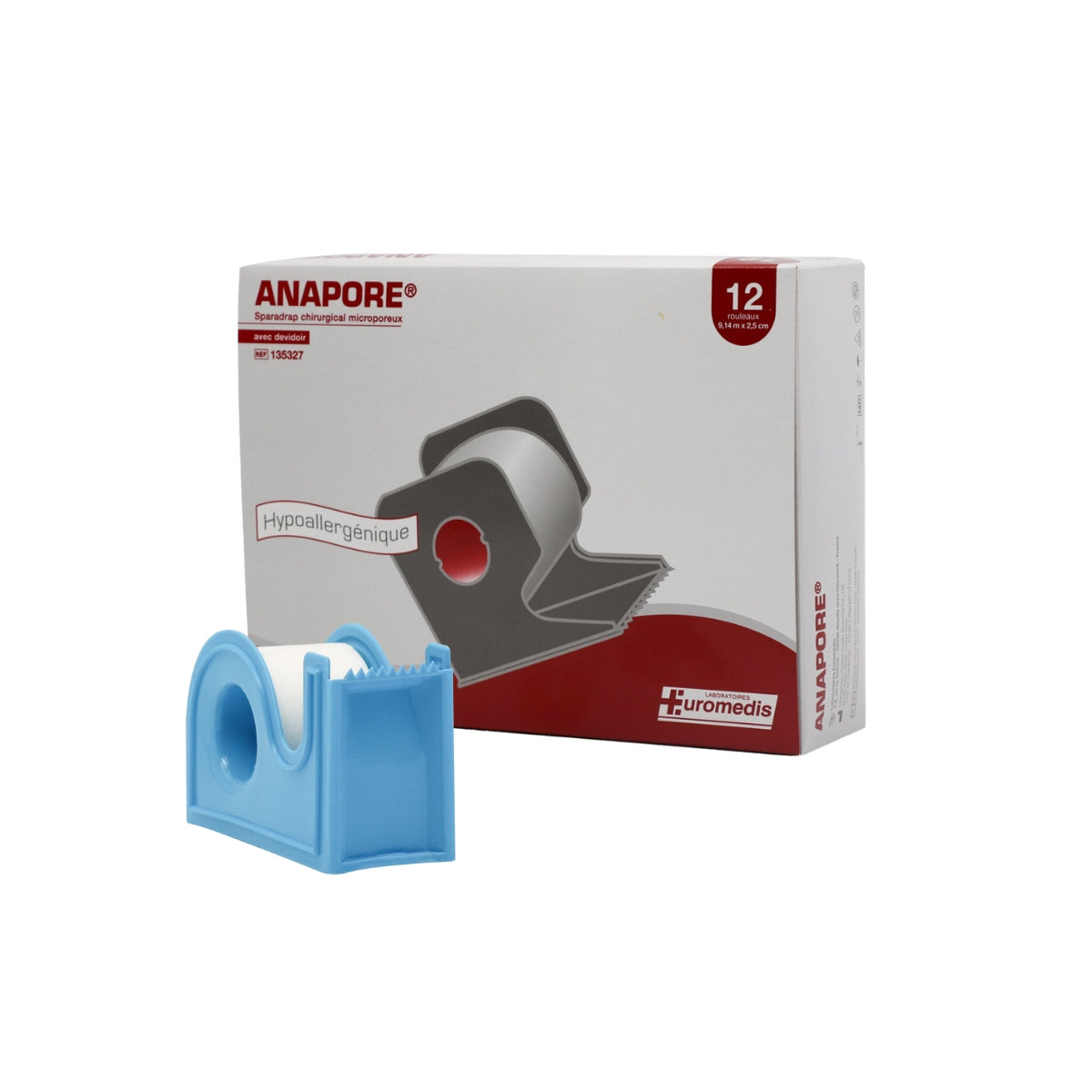 Sparadrap microporeux Anapore 9,14 m x 2,5 cm avec dévidoir – référence 135327, boîtier individuel et dévidoir bleu