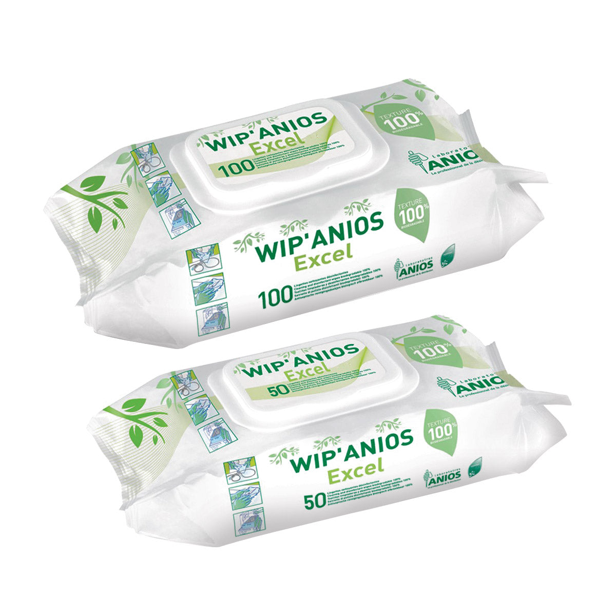 Lingettes désinfectantes WIP'ANIOS Excel sans alcool, boîtes distributrices de 50 et 100 lingettes